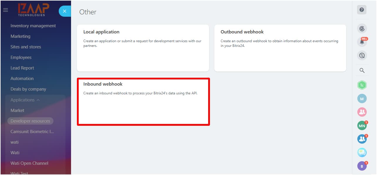 Create Inbound Webhook in Bitrix24